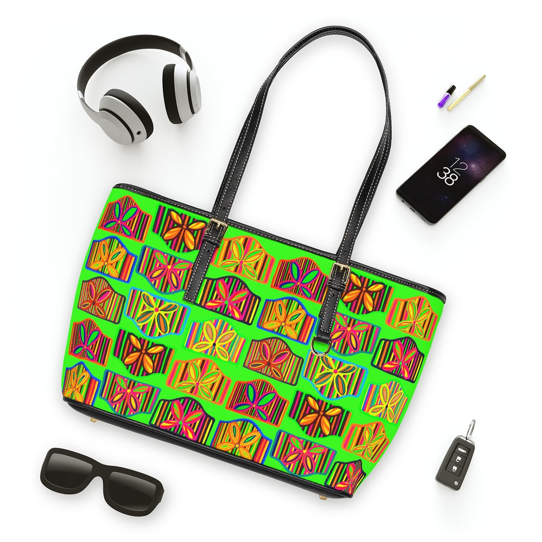 neon green pu leather zipper shoulder tote bag