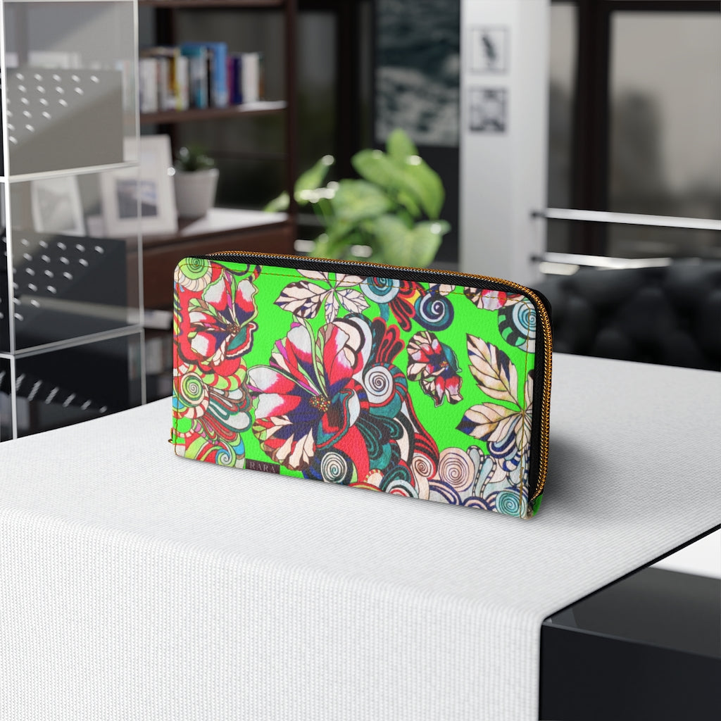 Neon Green Floral Pop Zipper Wallet