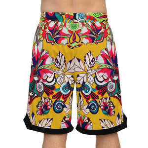 yellow graphic floral print basketball shorts for men