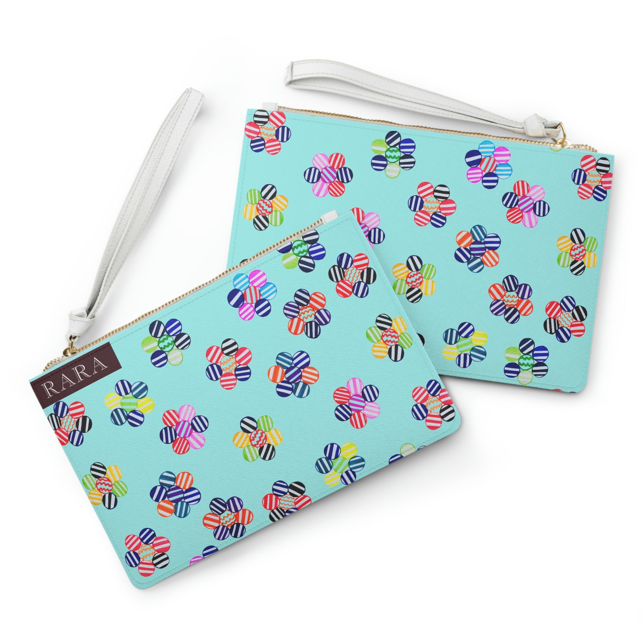 striped geometric floral icy blue clutch bag