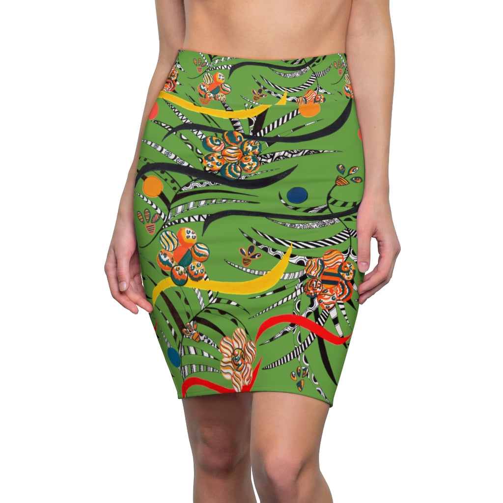 olive green floral & animal print pencil skirt