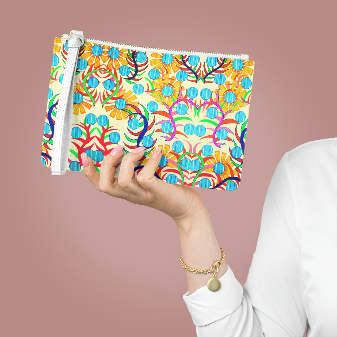 cream sunflower print clutch bag