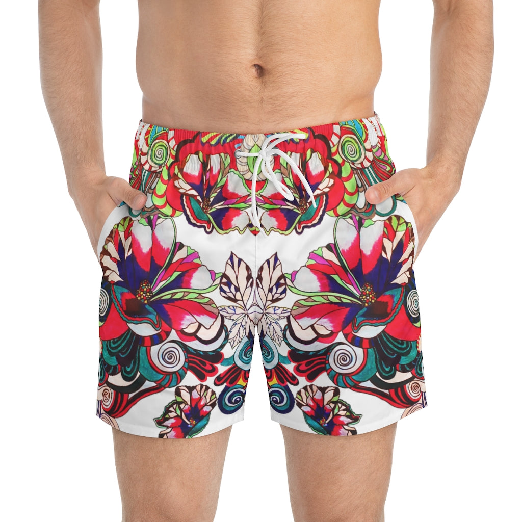 white Graphic floral print men's swimming trunks by labelrara