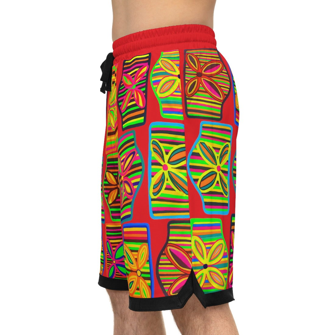 Red Deco Print Basketball Rib Shorts (AOP)