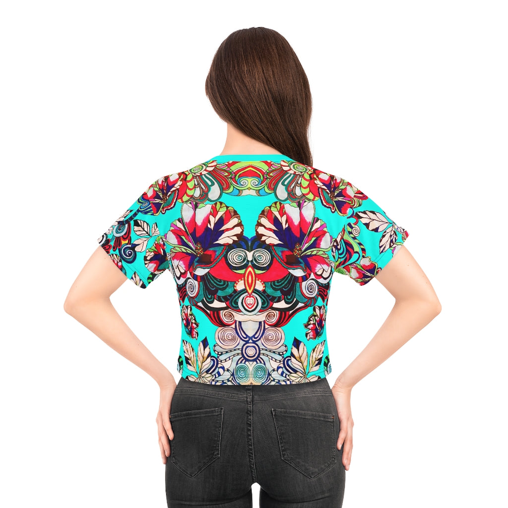 Cyan Artsy Floral Pop AOP Crop Tee