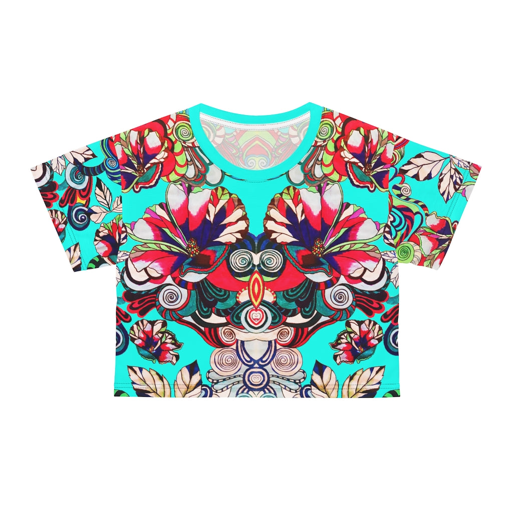 Cyan Artsy Floral Pop AOP Crop Tee