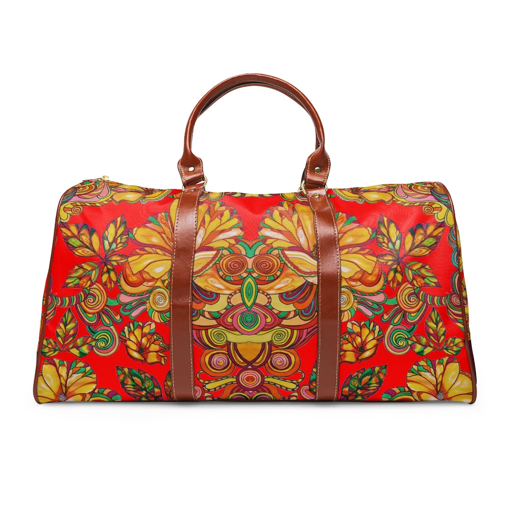 red floral duffel bag