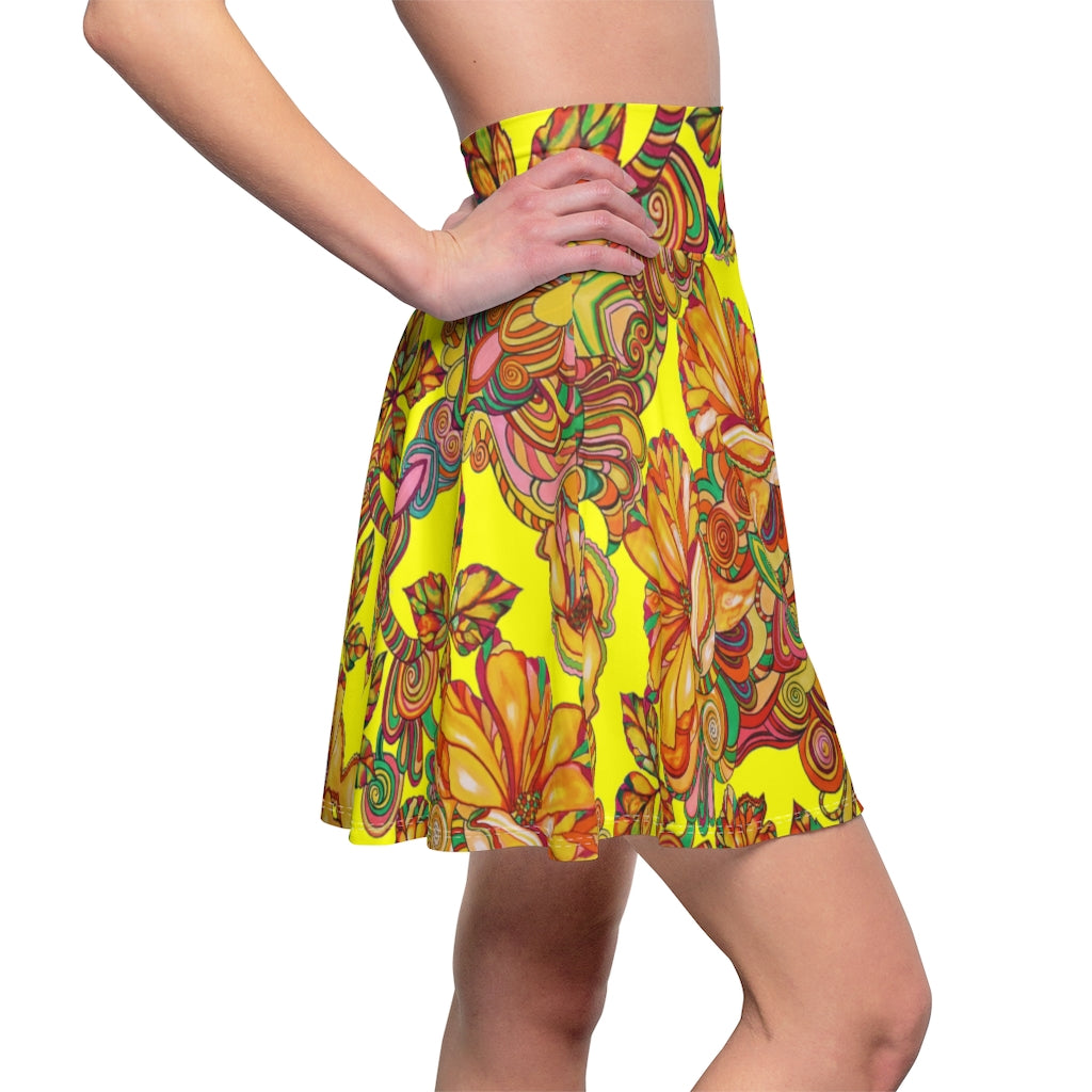 Artsy Floral Bright Yellow Skater Skirt