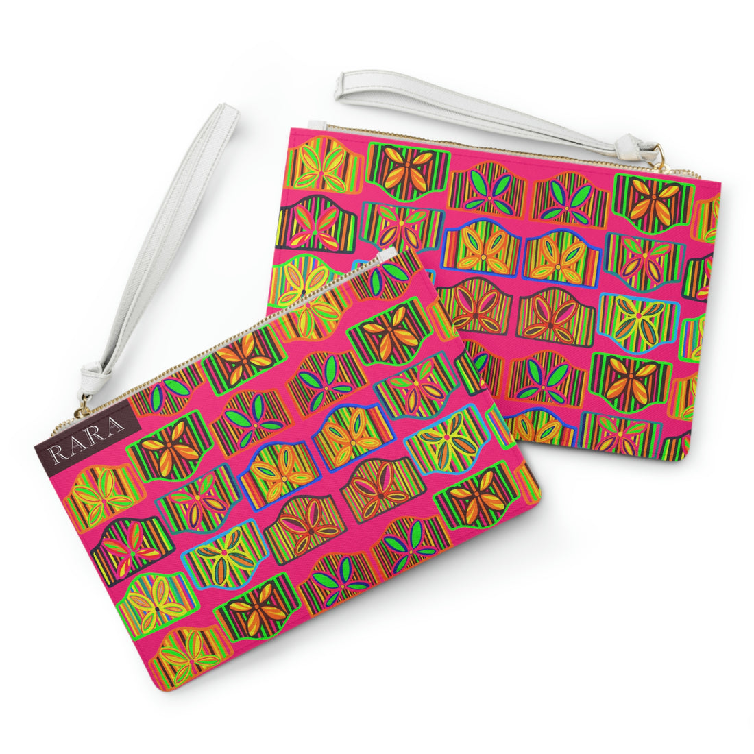 hot pink art deco print clutch bag