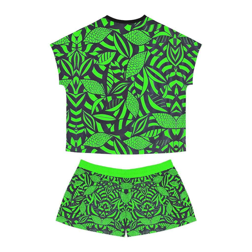 Neon Green Tropical Minimalist Short Pajama Set (AOP)