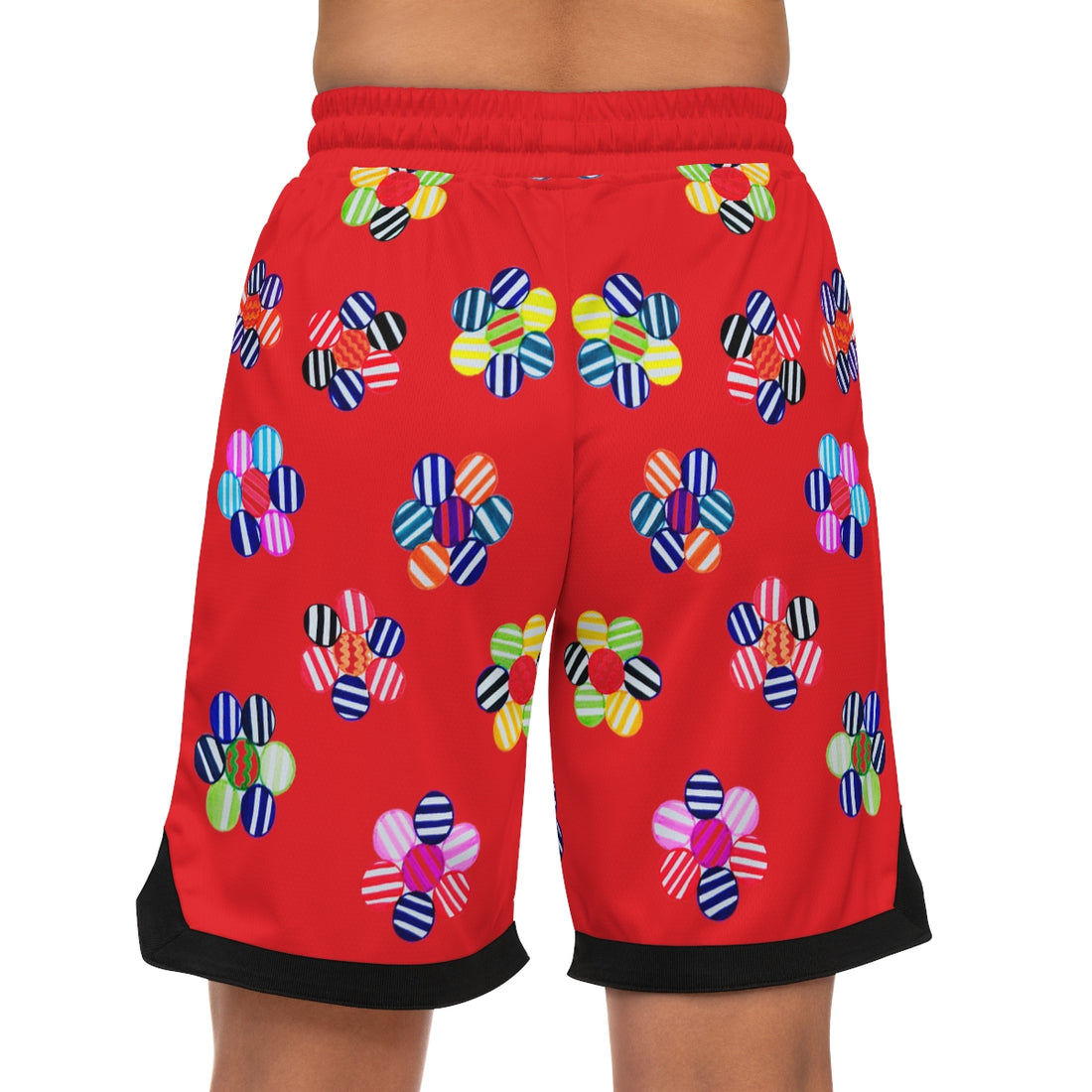 red geometric floral print basketball shorts for men