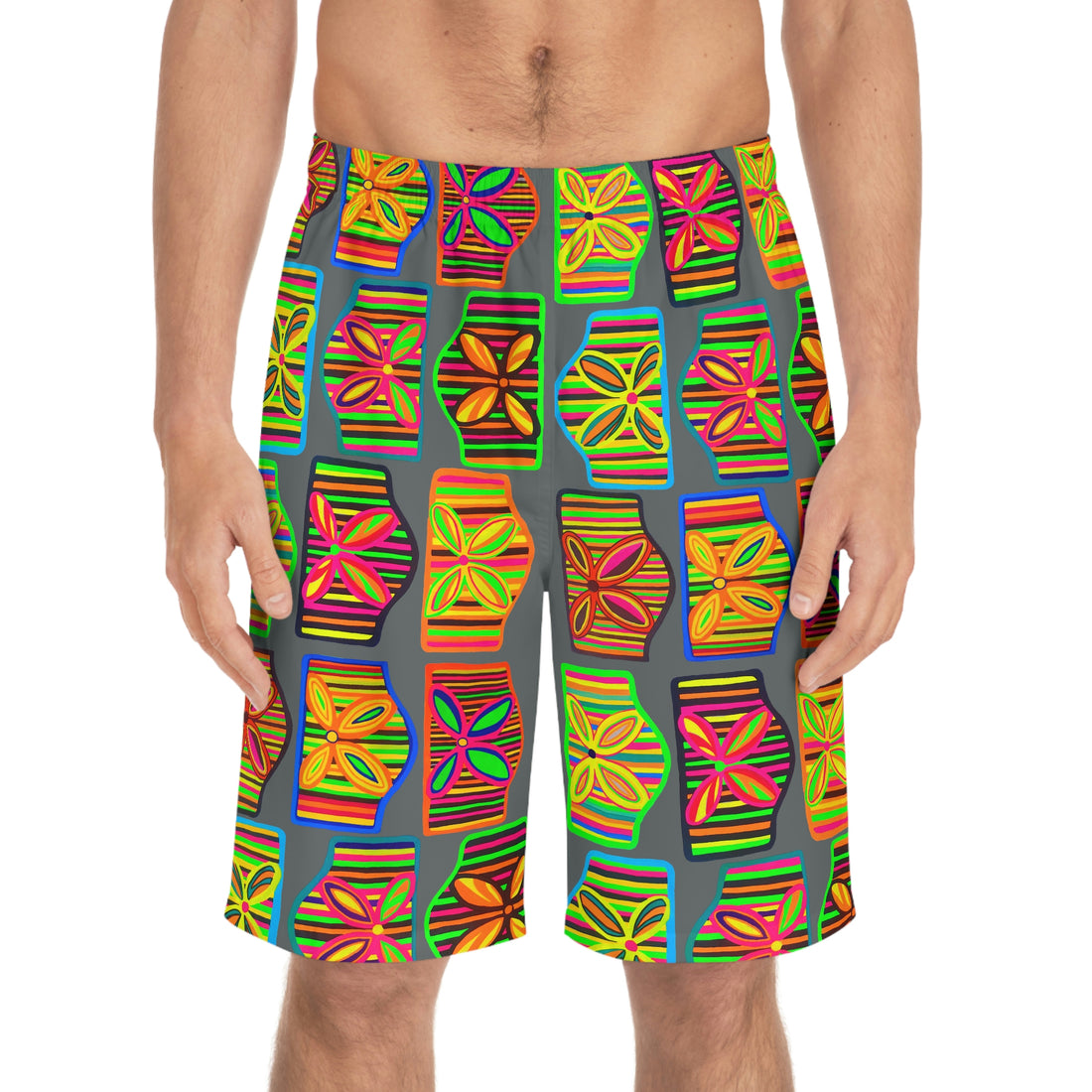 ash grey art deco print board shorts for men