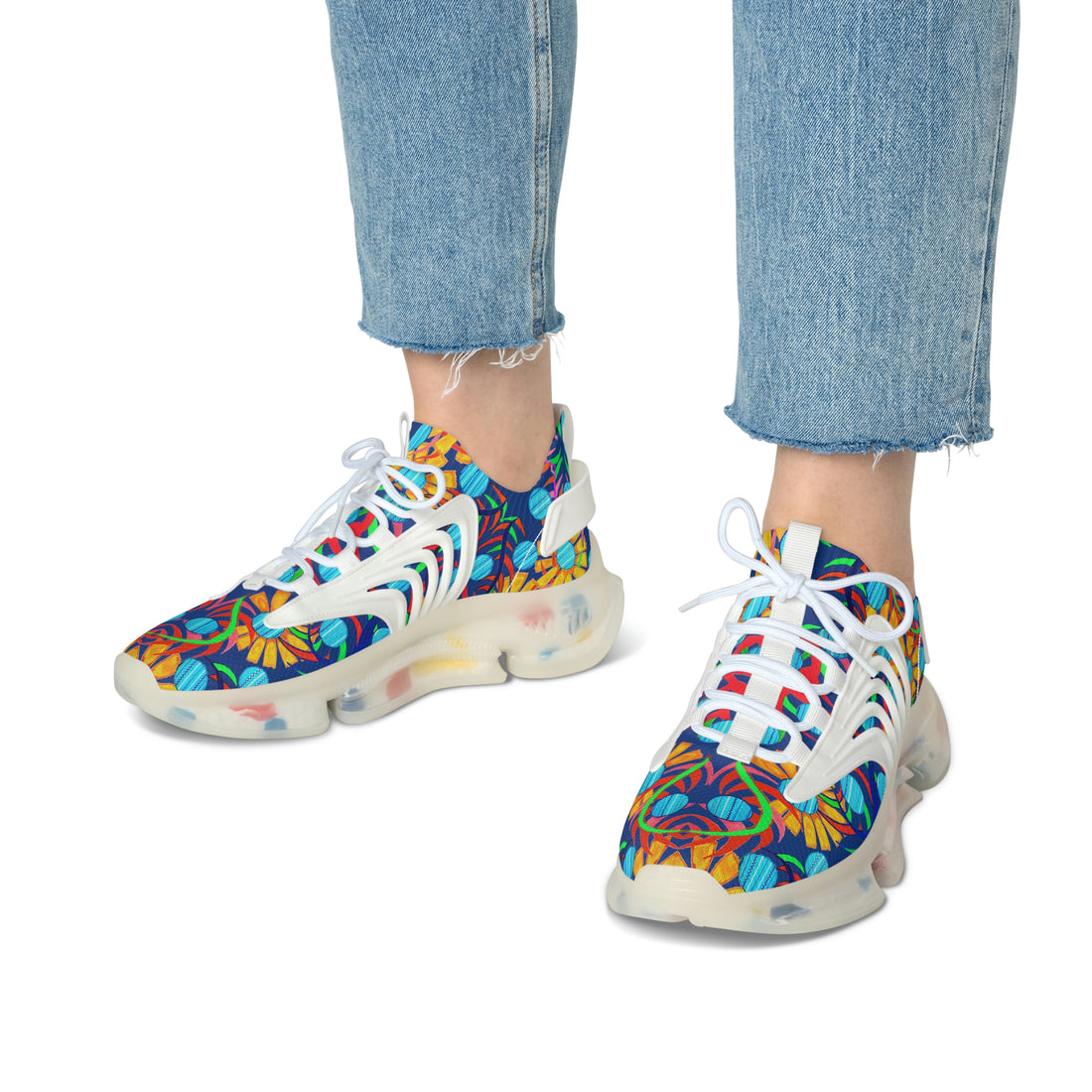 Royal Blue Sunflower Printed OTT Women's Mesh Knit Sneakers