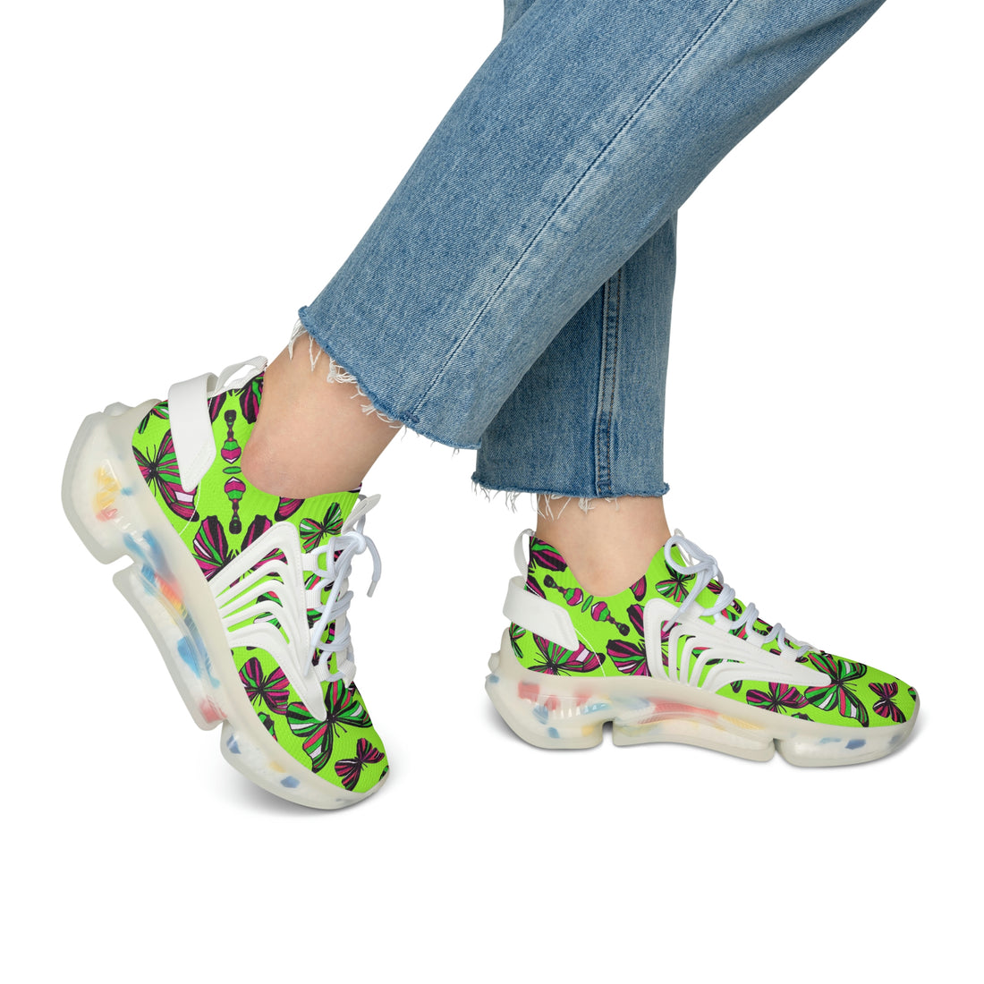 Lime Green Butterfly Printed OTT Women's Mesh Knit Sneakers