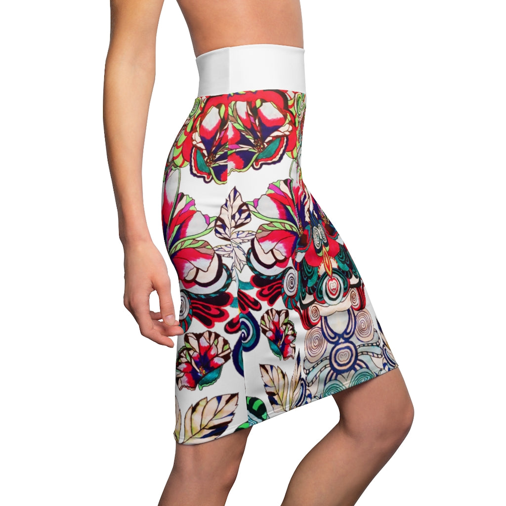 Floral Pop White Pencil Skirt