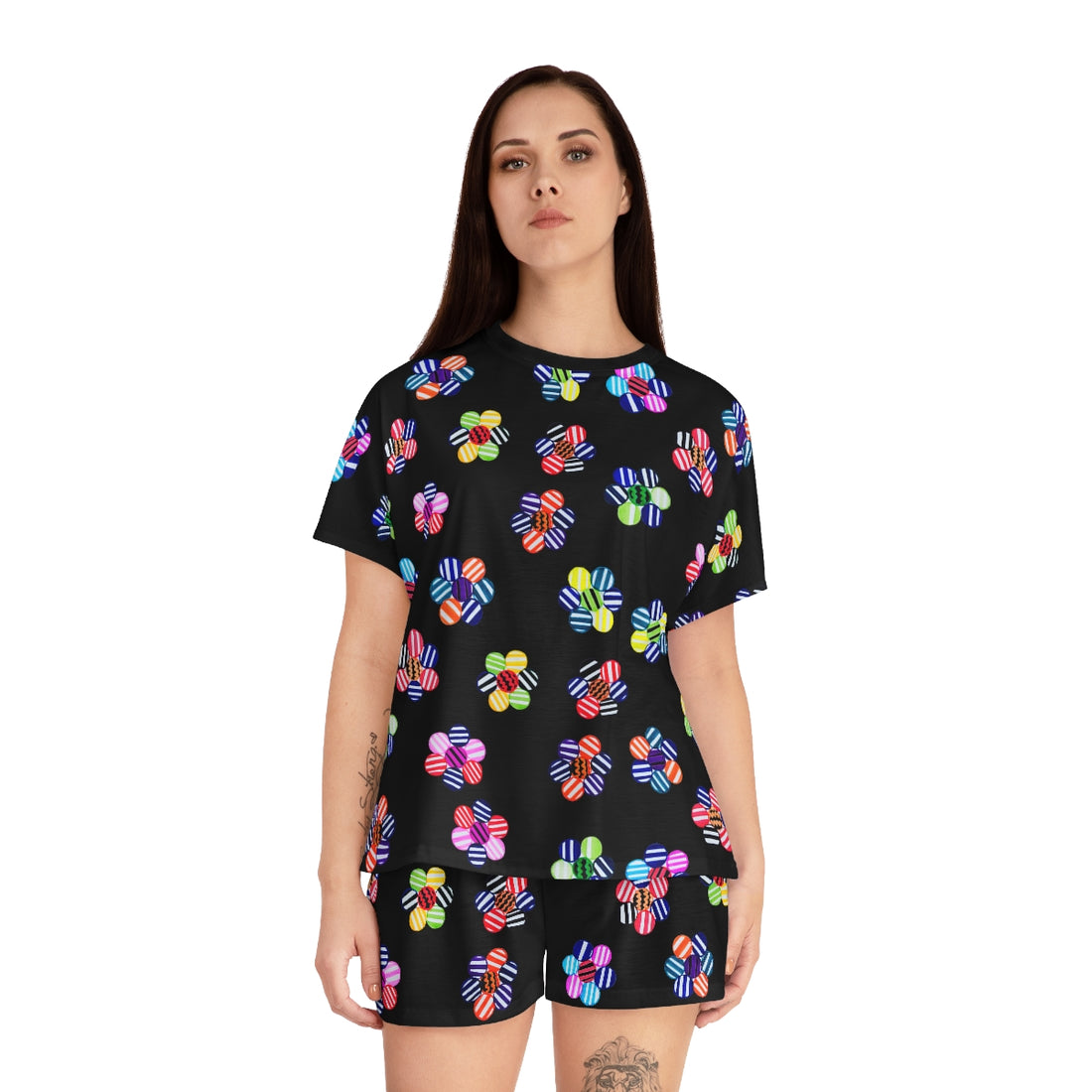 black geometric floral shorts & t-shirt pajama set