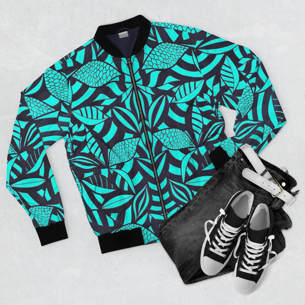 cyan tropical leaves print men's bomber jacket