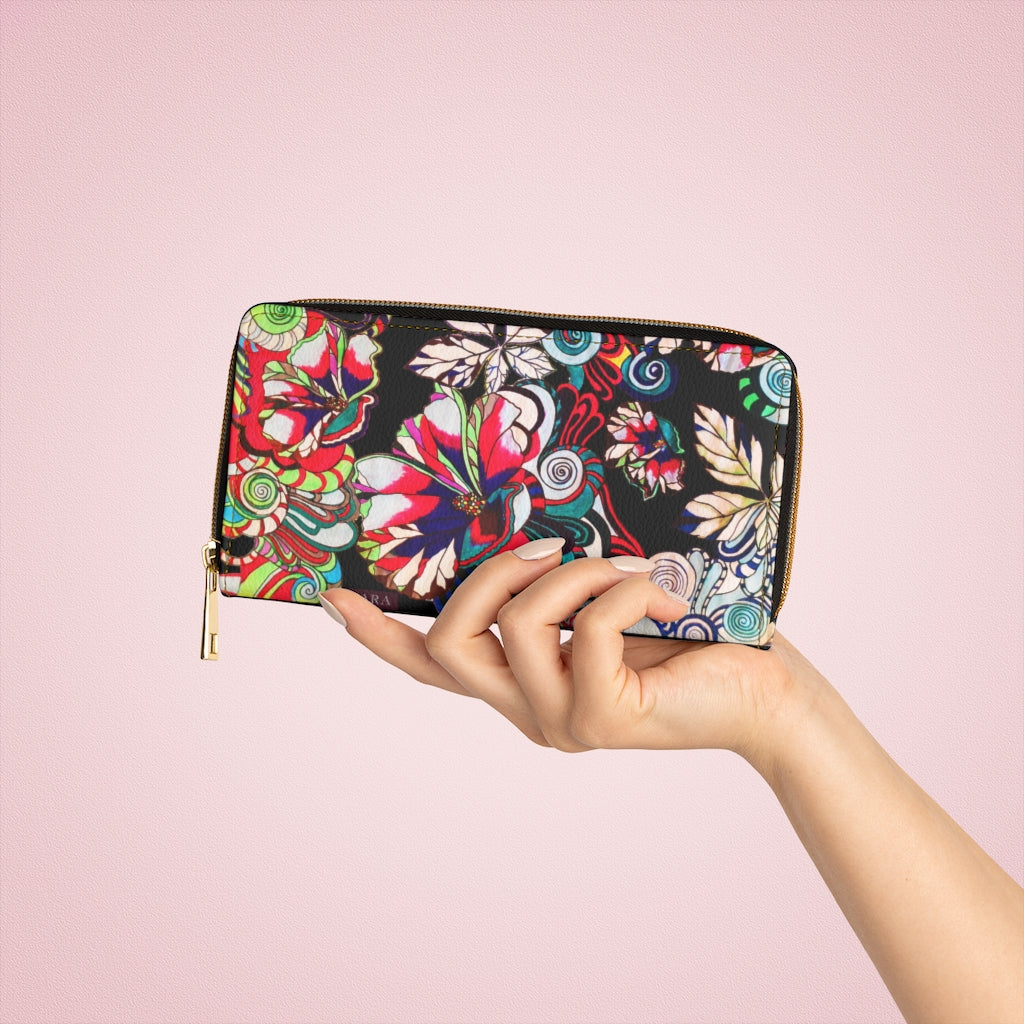 black graphic floral pop wallet