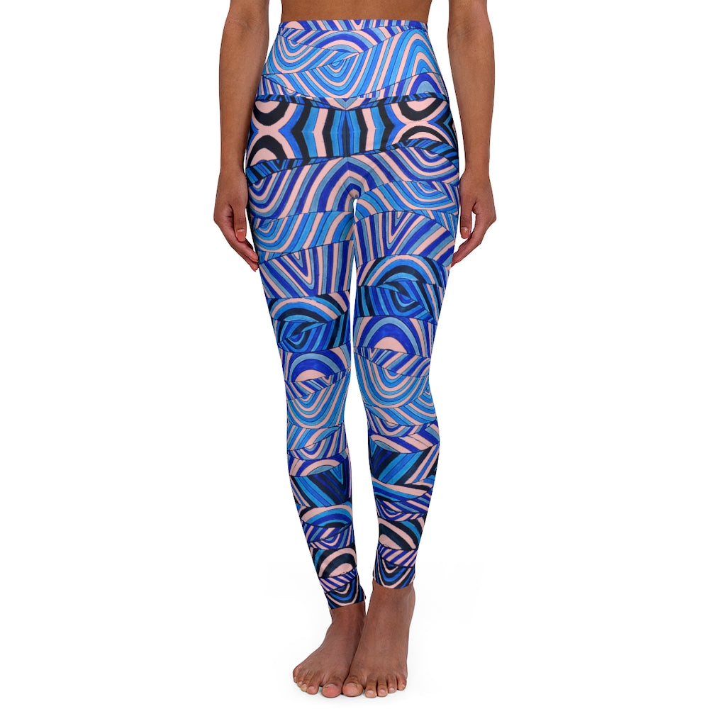 cream & blue psychedelic print yoga athleisure leggings for women