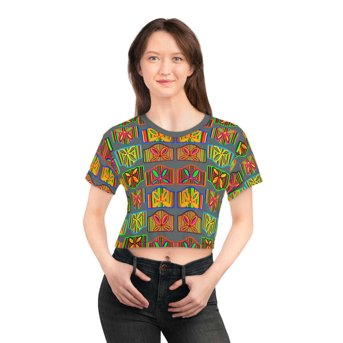 ash grey deco print cropped t-shirt for women