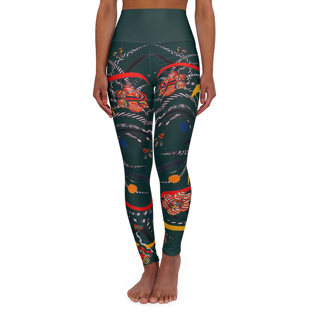 bottle green animal & floral print yoga leggings