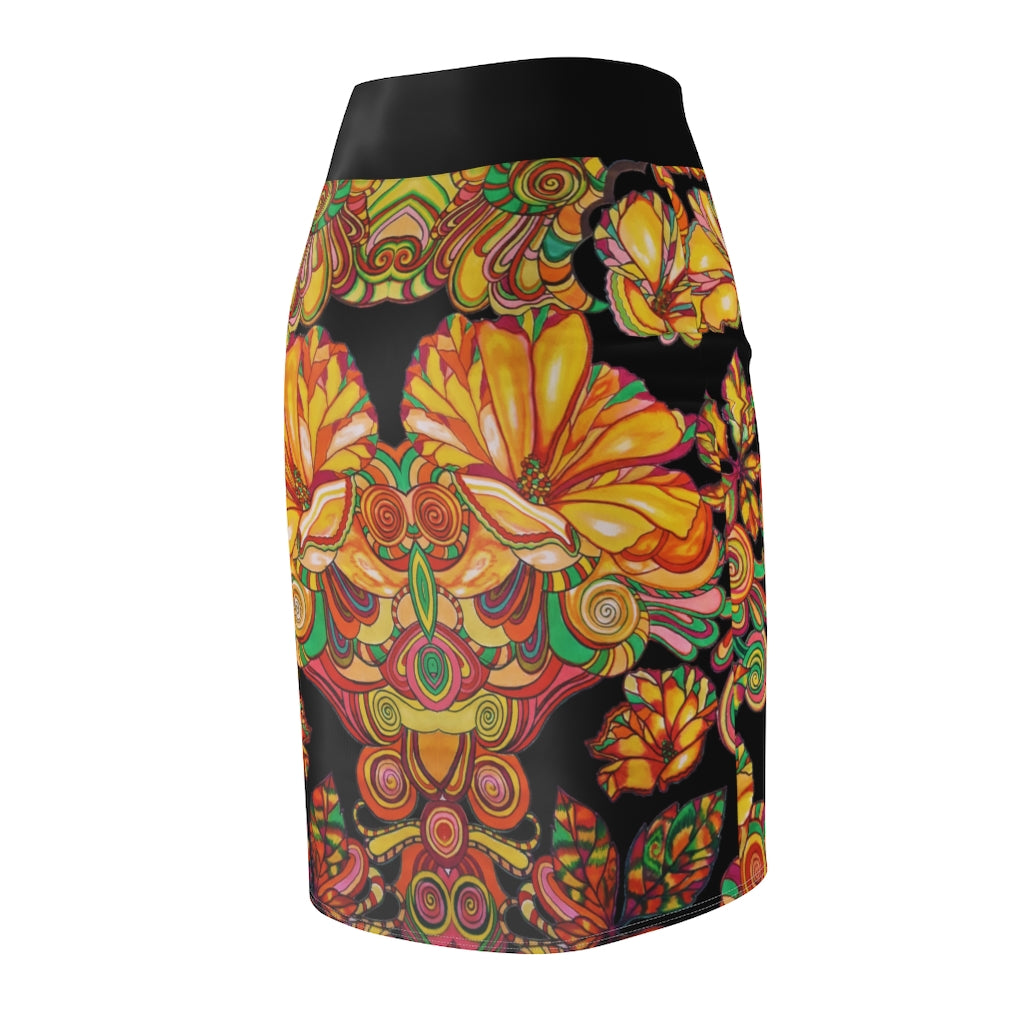 Artsy Floral Black Pencil Skirt