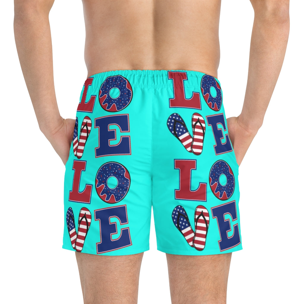 Men's American Love Cyan Swimming Trunks