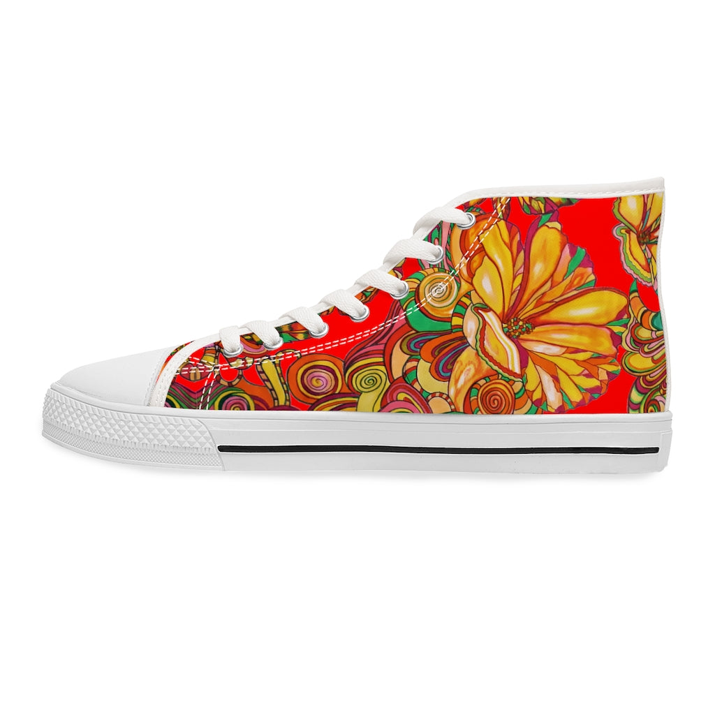 red floral print canvas high top sneakers for women