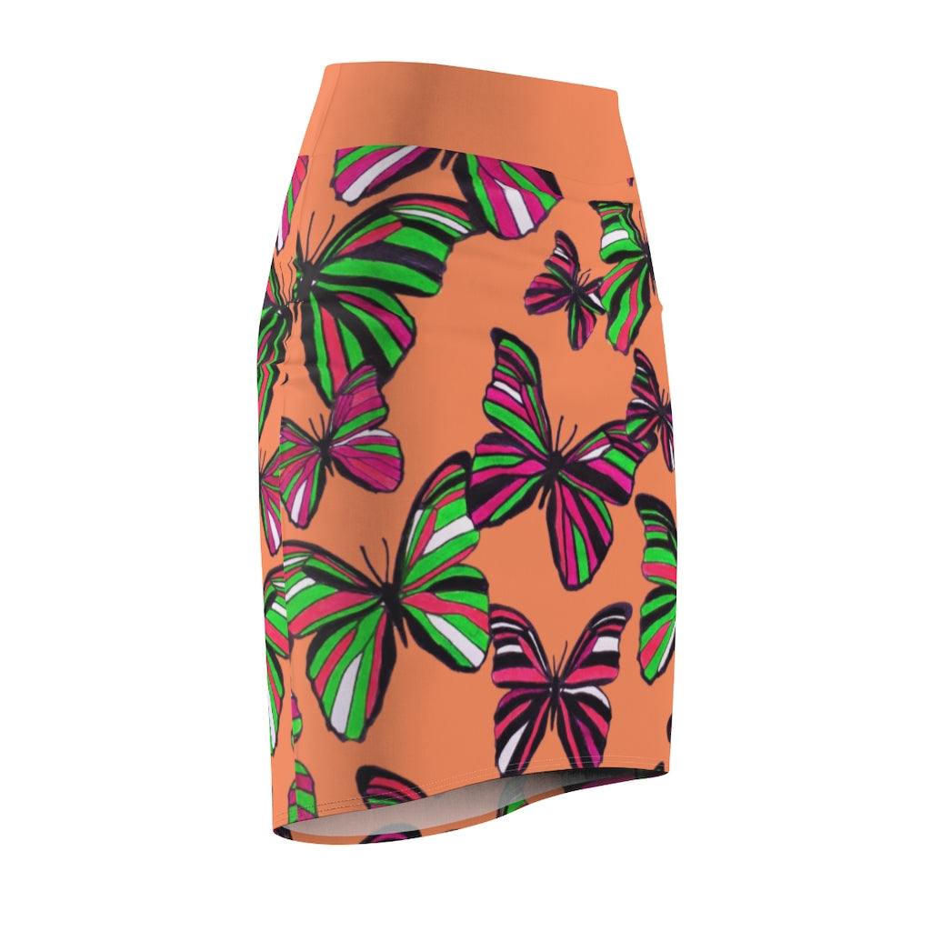 Peachy Coral Butterflies Pencil Skirt