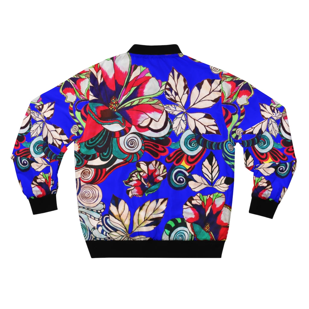 electric blue graphic floral men's bomber jacket