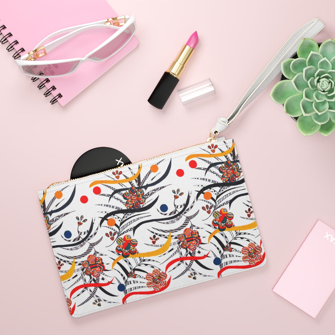 white animal & floral print clutch bag