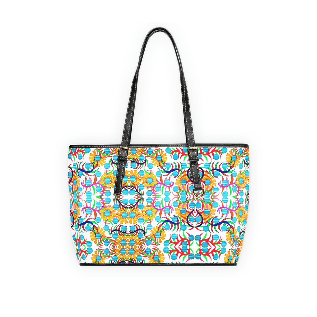 white sunflower print pu leather zipper tote bag