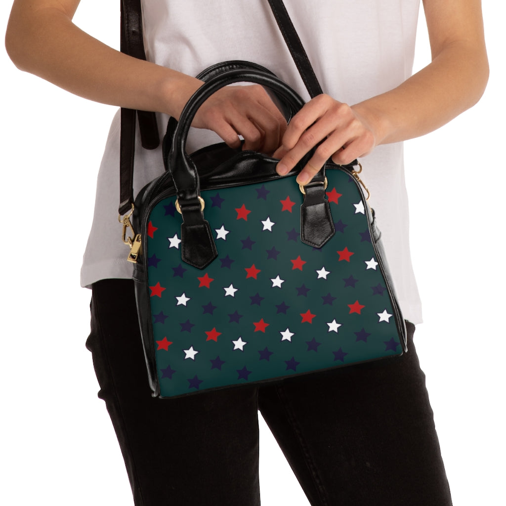 bottle green star print handbag