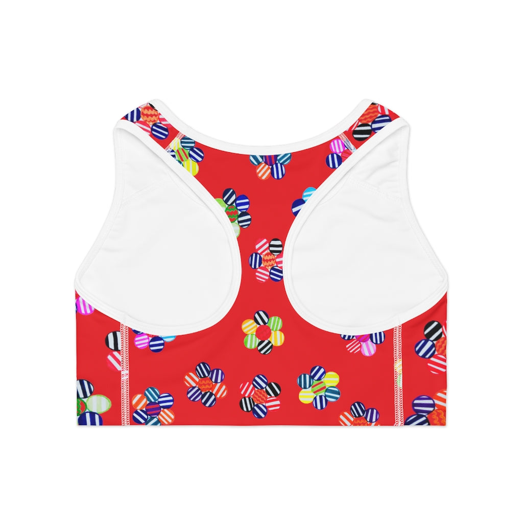 red geometric flowers sports bra 