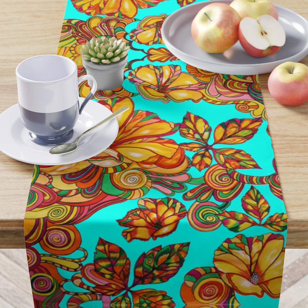 Artsy Floral Cyan Table Runner