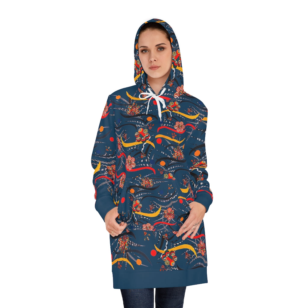 teal animal & floral print hoodie dress 