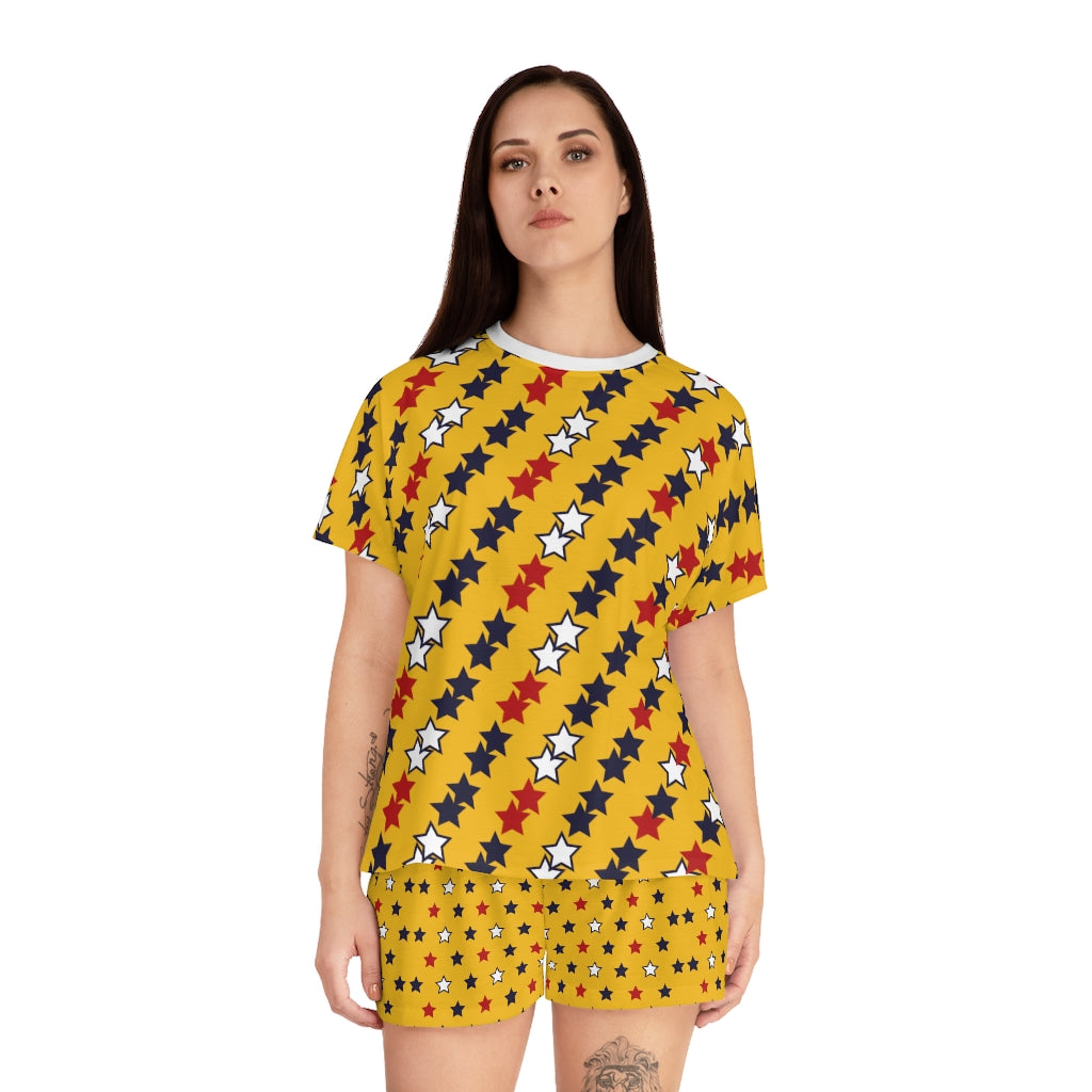 Yellow Star Print Short Pajama Set (AOP)