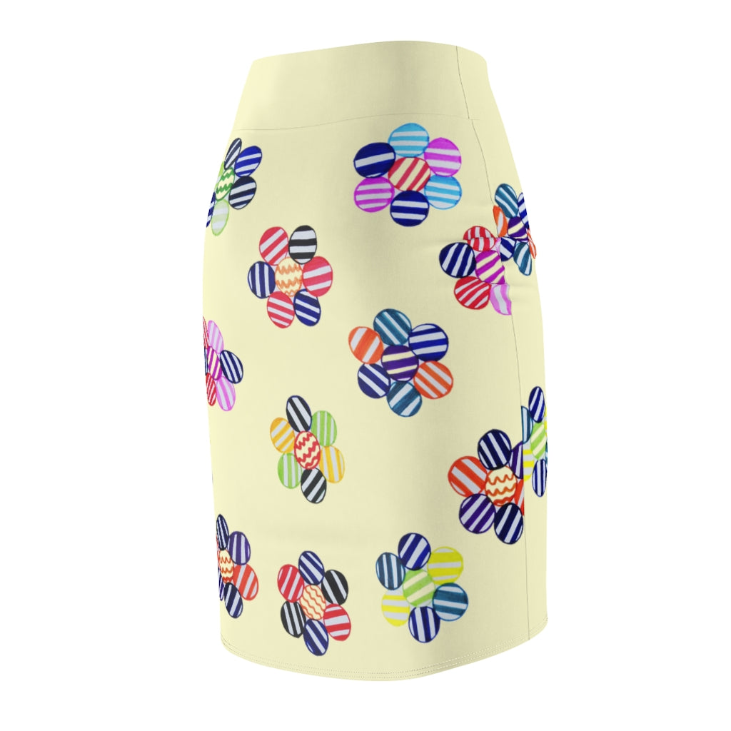 Cream Candy Florals Print Pencil Skirt