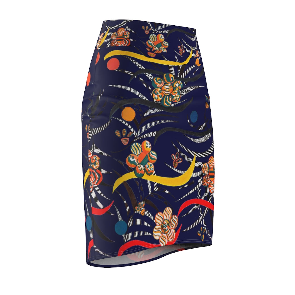 ink blue animal & floral print pencil skirt