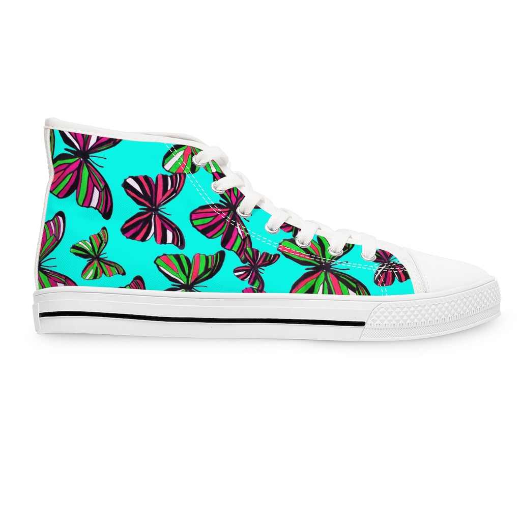 cyan butterfly print canvas women's high top sneakers 