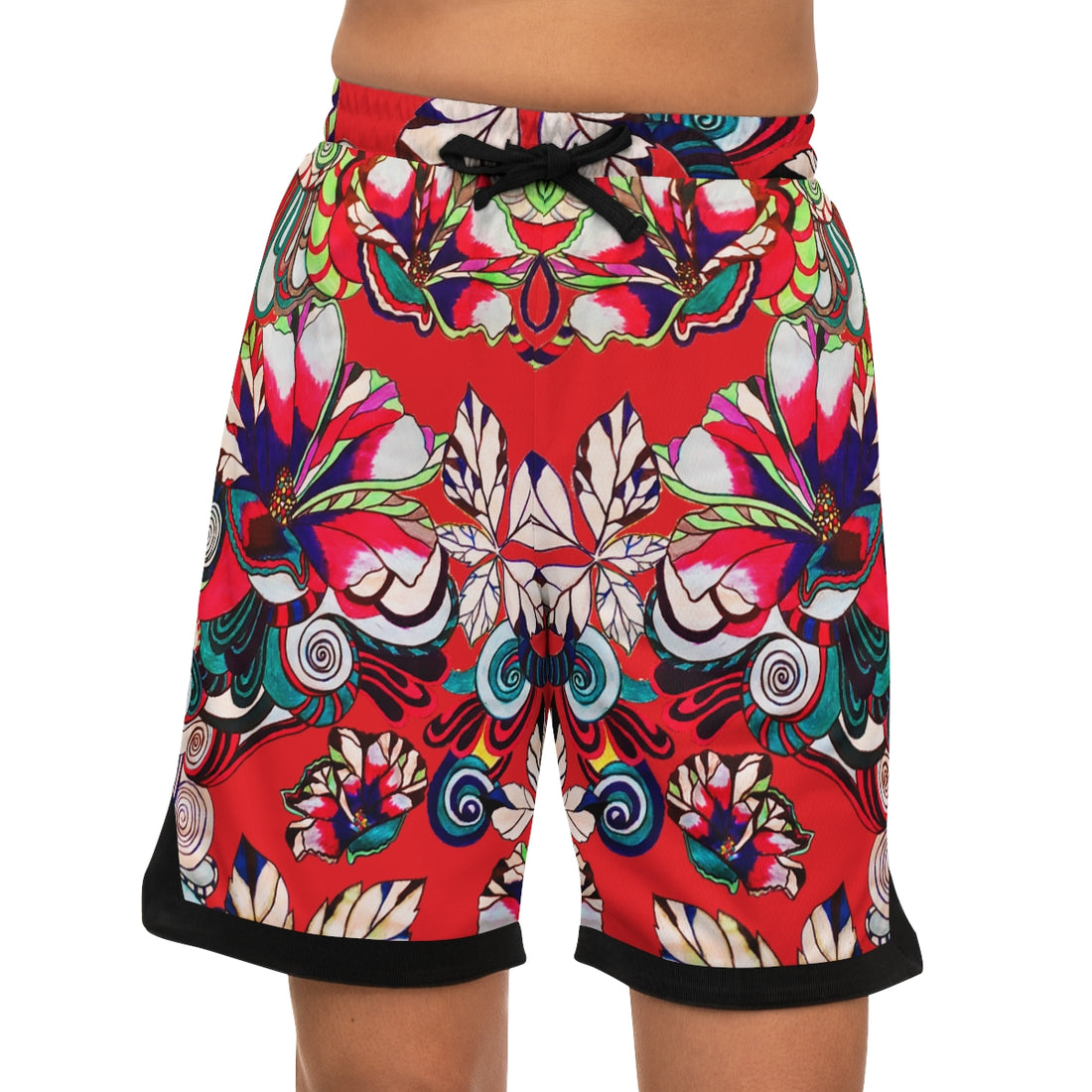 Red Graphic Floral Basketball Rib Shorts (AOP)