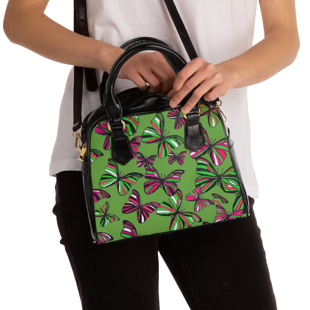 olive butterfly print handbag