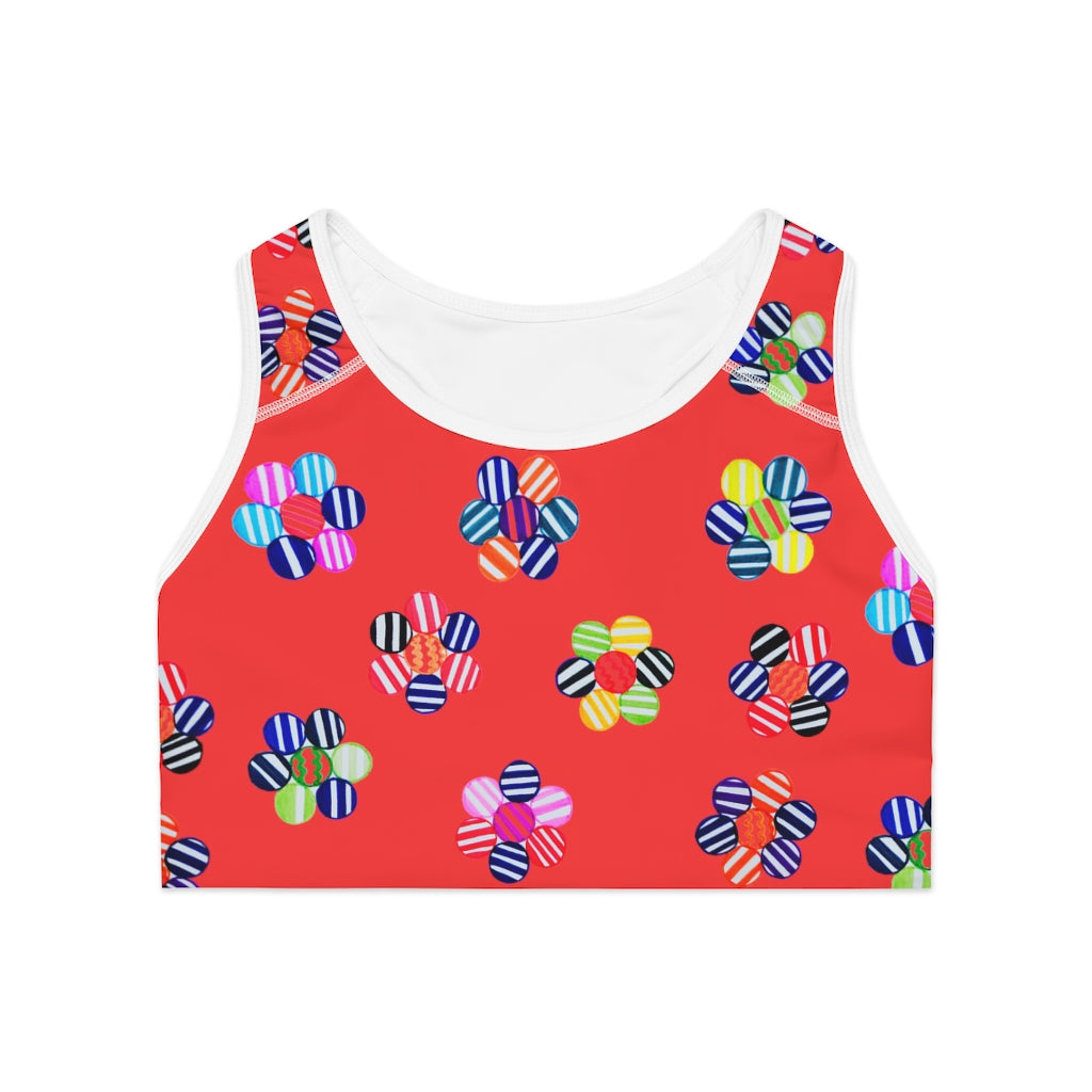 vermillion geometric flowers sports bra 