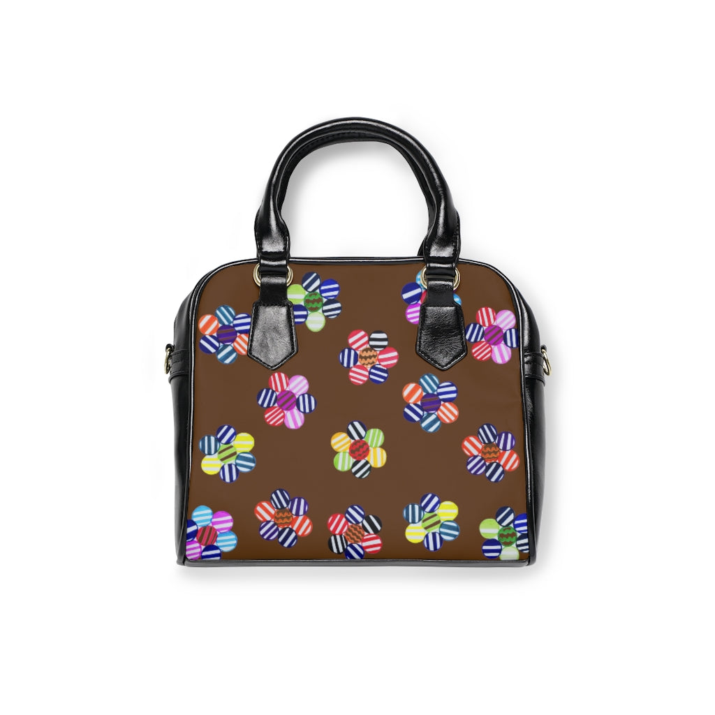 brown multi colour geometric florals print handbag