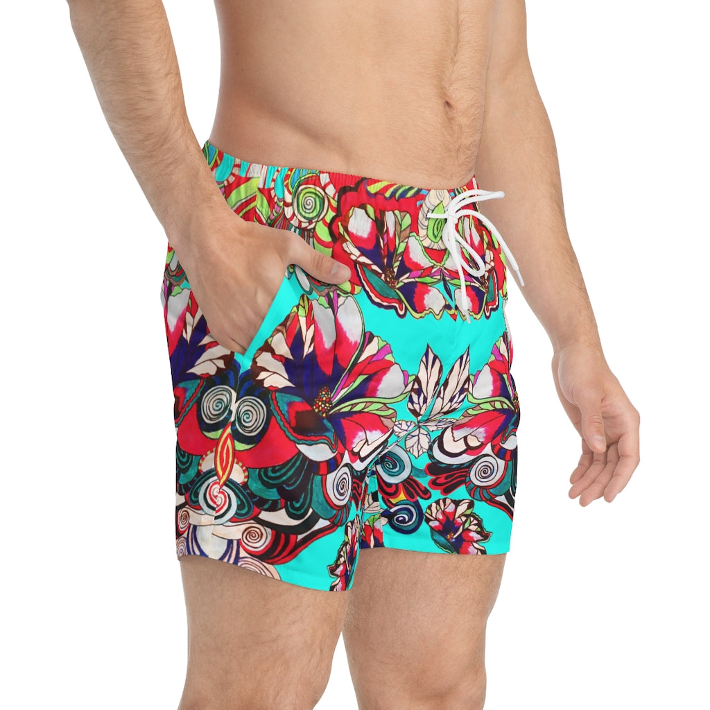 Cyan Graphic Floral Pop Men's Swimming Trunks