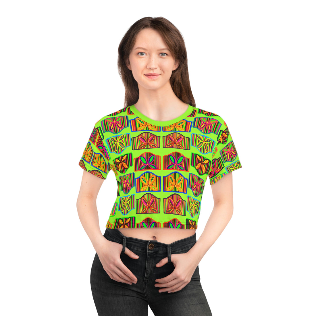 lime green art deco cropped tee for women