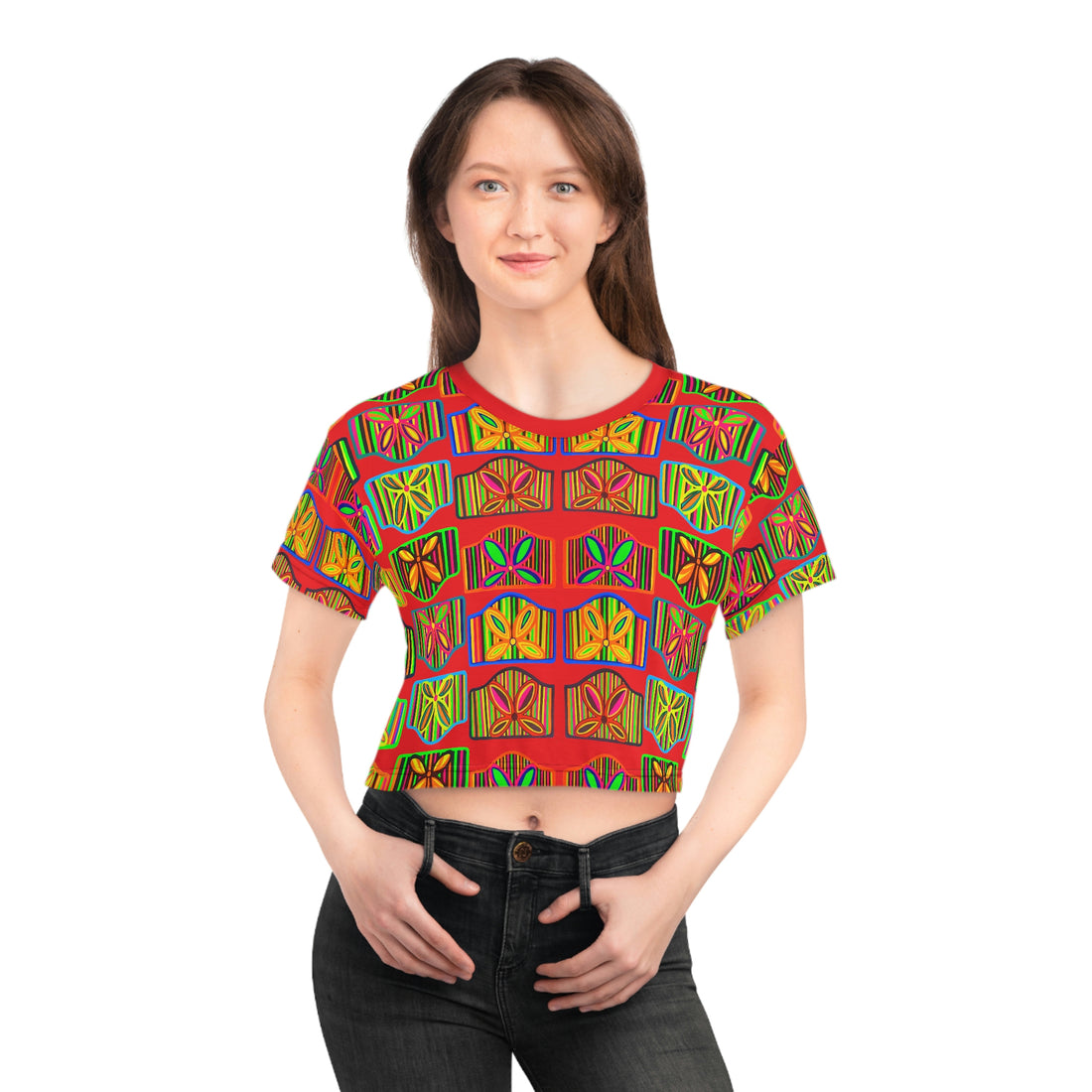 red art deco print crooped t-shirt for women