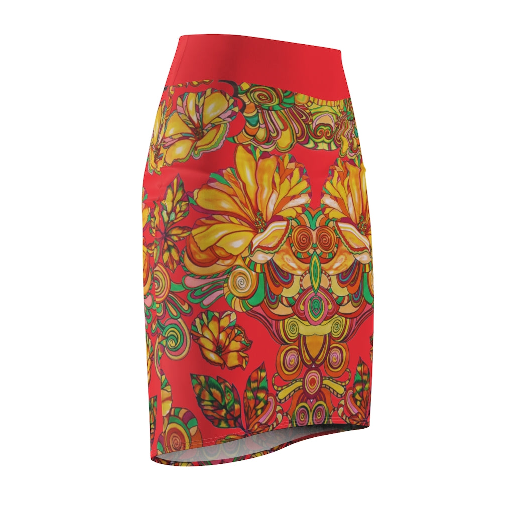 Artsy Floral Red Pencil Skirt