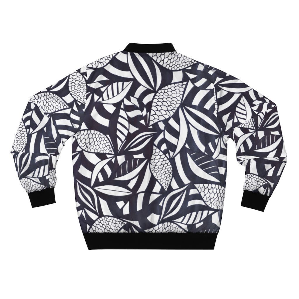 white tropical leaves print men's bomber jacket