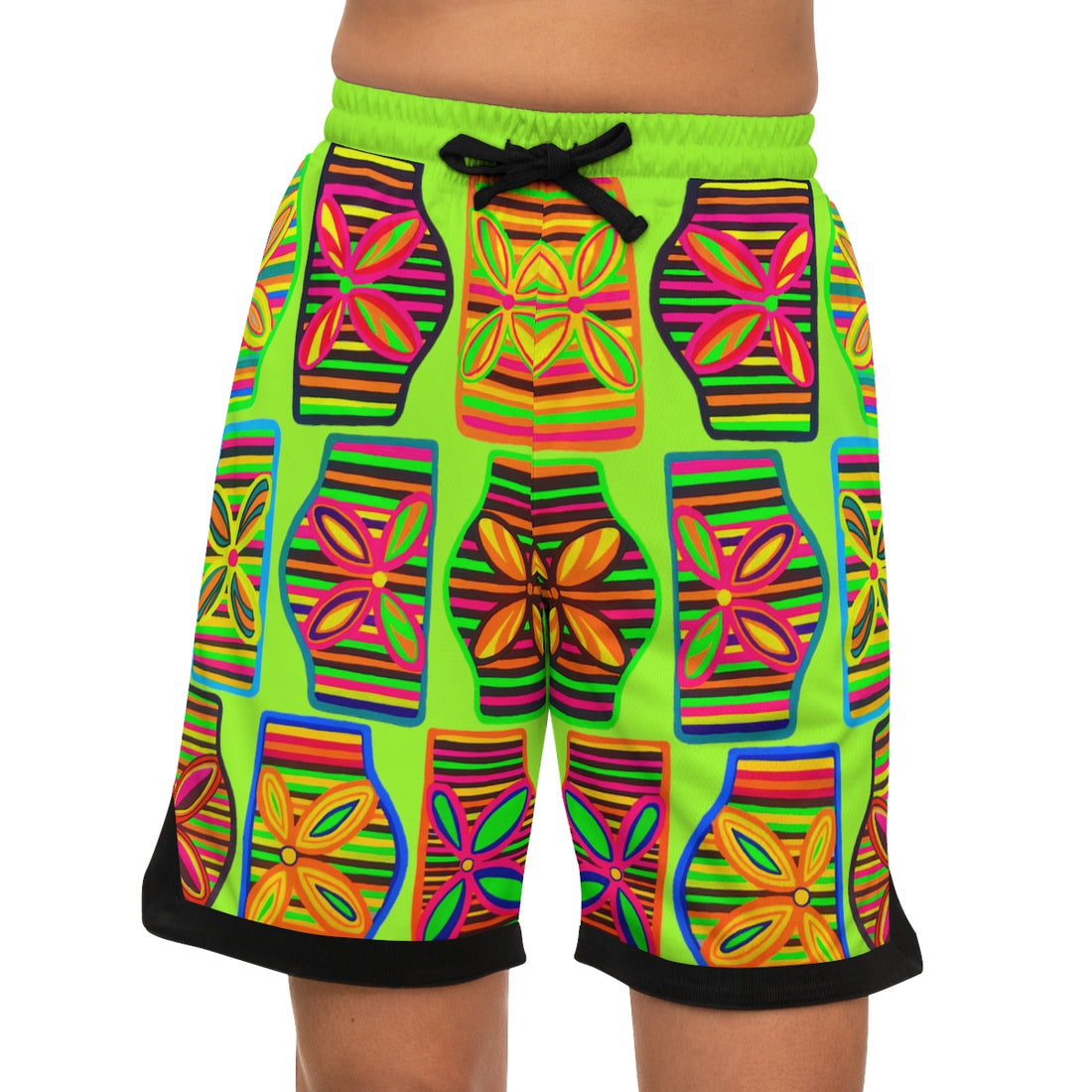 Lime Green Art Deco Print Basketball Rib Shorts (AOP)